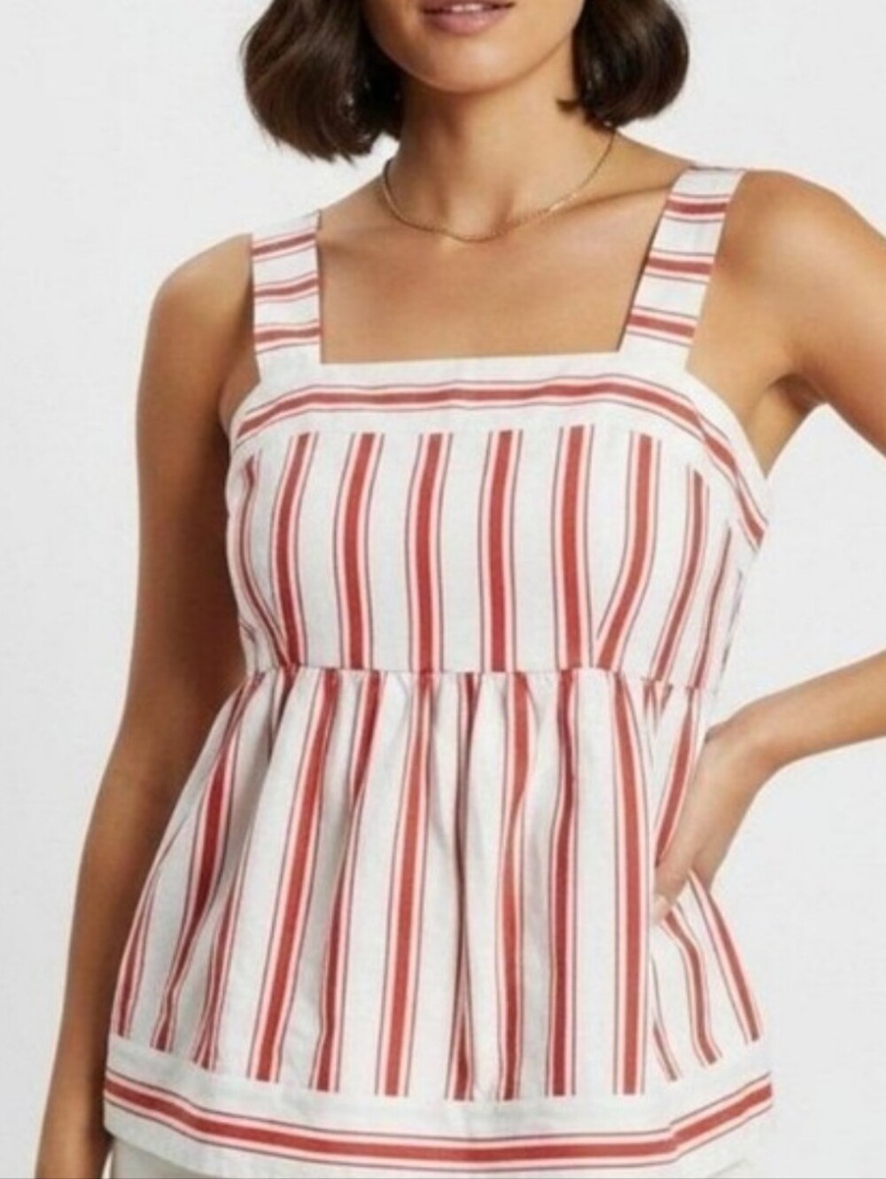 CAbi White Top with Coral Stripe Accents